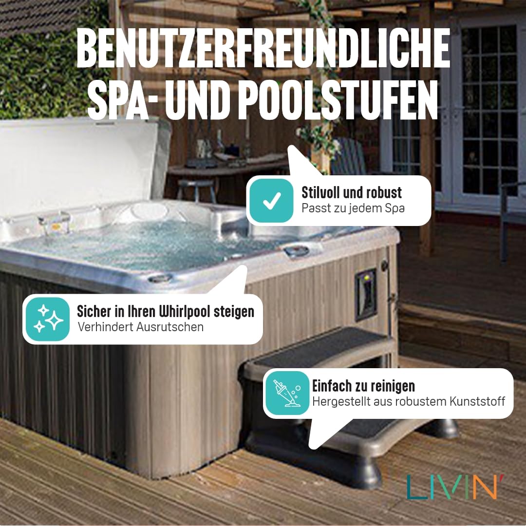 LIVIN' Universal Whirlpool Standtreppe mit 2 Stufen- rutschfest Spa Einstiegshilfe, Robuste Kunststoff tragbare Pool Stufen, 90x61x40 cm
