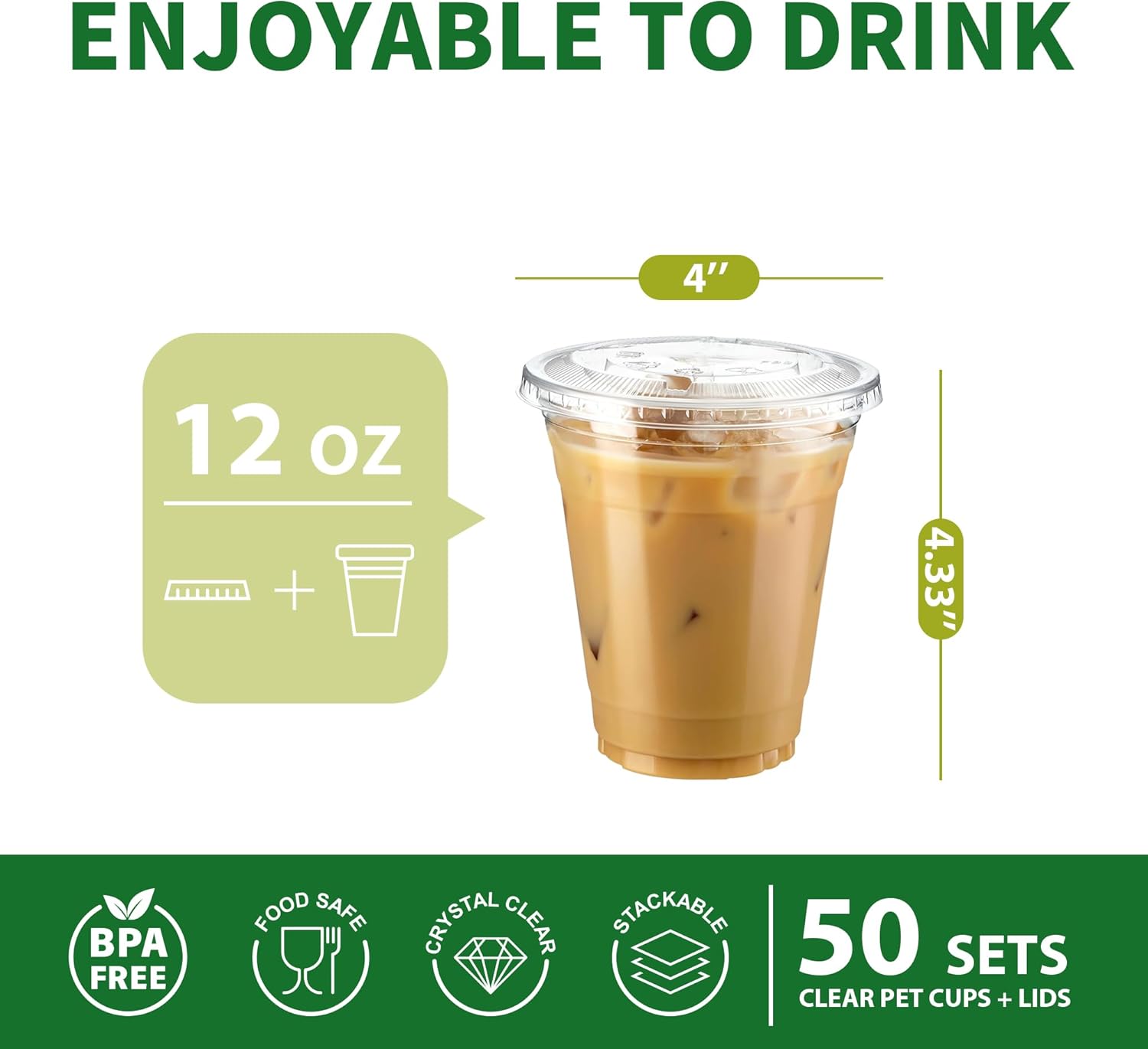 Clear Plastic Cups with Flat Lids, 50 Sets 12oz (100-Piece) Disposable PET Crystal Party Cups, Ideal for Iced Coffee, Smoothie, Milkshake, Juice, Dessert, To-Go Drinks and Cold Beverages - Image 2