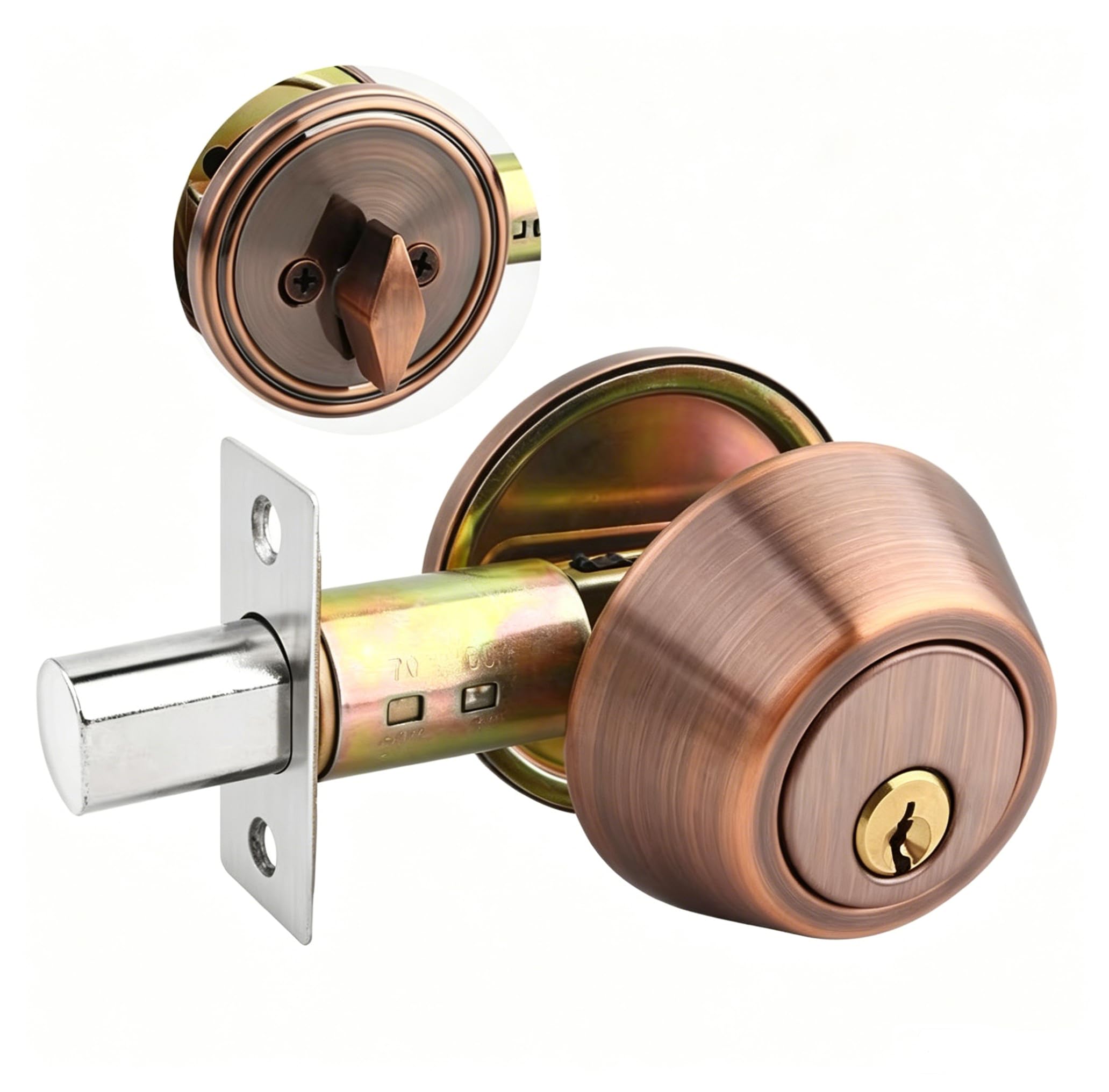 SUYA Single Cylinder Deadbolt Lock with Keys，Round Exterior Keyed Door Lock for Front Entry Door,Antique Copper