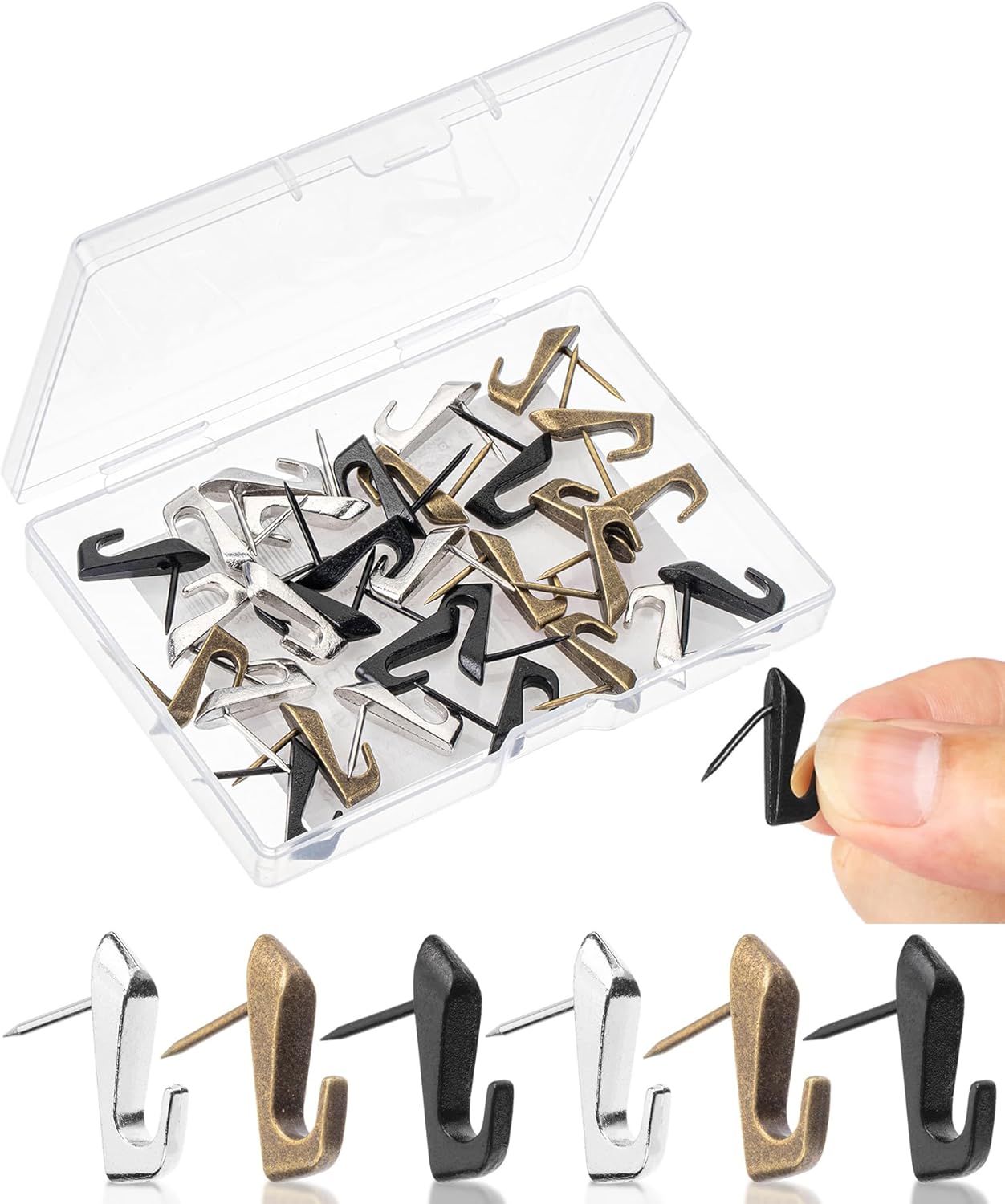 Mr. Pen- Push Pin Hooks for Hanging Pictures, 30 Pack, Decorative Push Pins for Wall Tacks, Wall Pins for Hanging and Bulletin Board, Silver/Bronze/Black