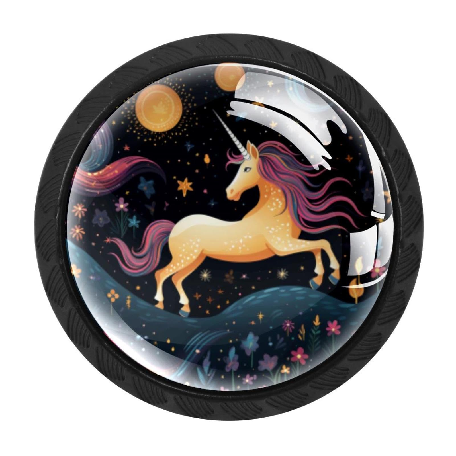 Chenzzzz Multicolored 09 4 Pack Drawer Knobs, Black Handle Dresser Drawer Pulls, Round Decoration Cabinet Hardware Pulls With Screws For Kitchen Cupboard Wardrobe, Starry Unicorn