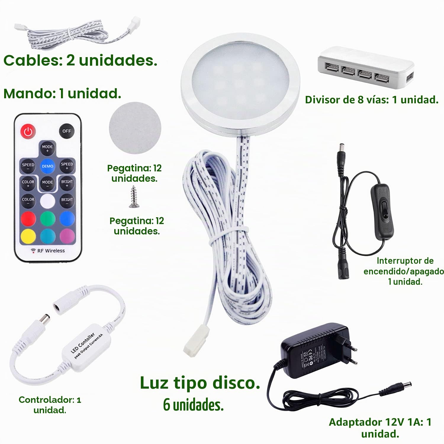 AIBOO Cocina LED RGB debajo de la lámpara del gabinete con control remoto inalámbrico RF, Iluminación empotrada ultradelgada redonda para armario, Luces LED RGB para escaparate 12V 12W(Paquete de 6)