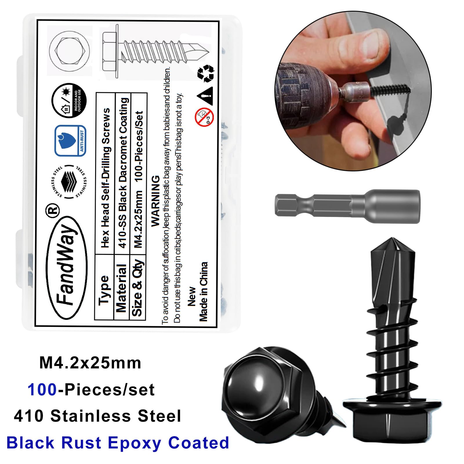 FandWay 100Pcs Self Tapping Screws for Steel,M4.2x25mm Self Drilling Screws for Metal,Hex Washer Head Tek Screw,410 Stainless Steel Sheet Metal Screw Black Coating Hex Drive for Alu Wood Plastic. - Image 2