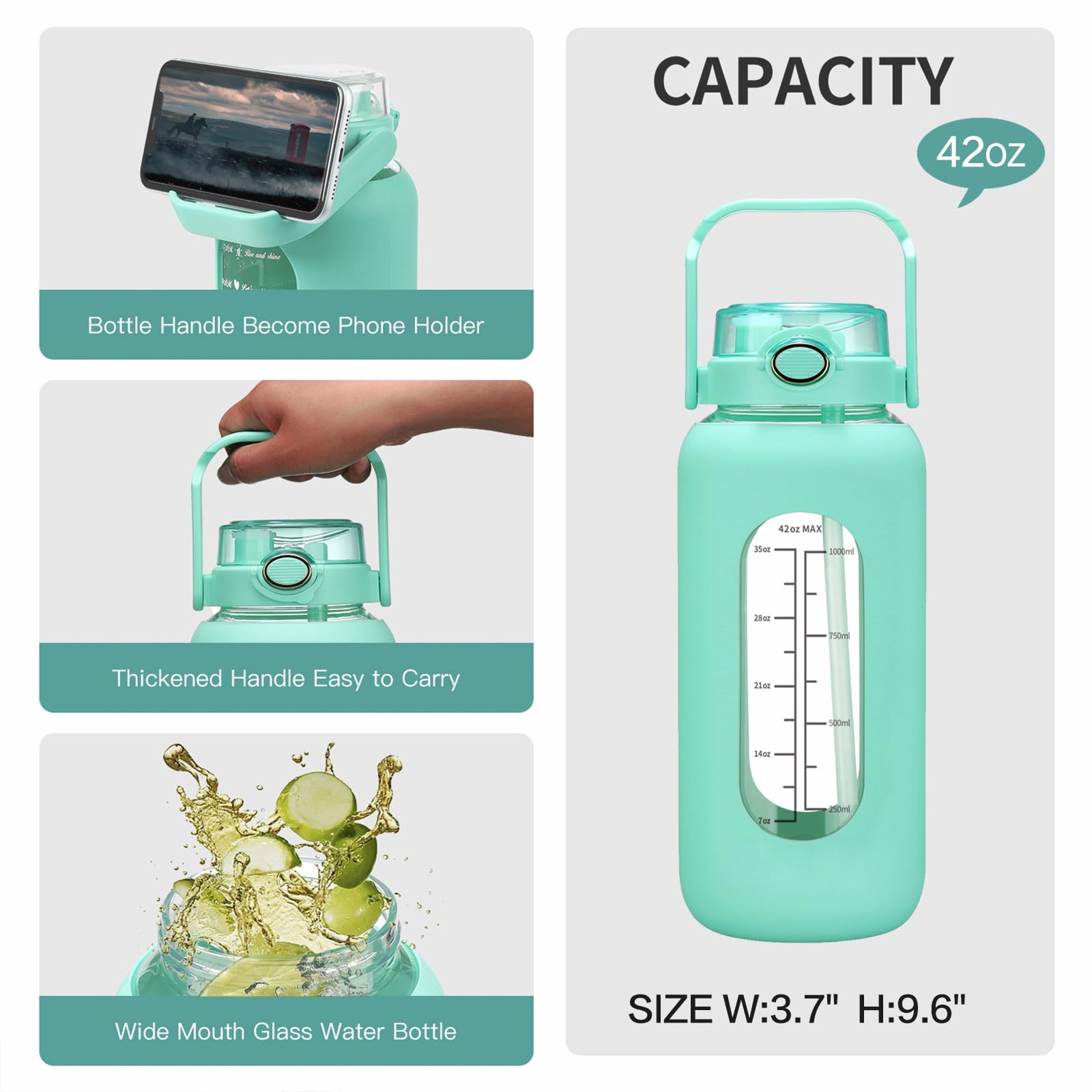 Motivierende Glas-Wasserflasche 1,8 L – Mit Zeitmarkierung, Silikonhülle, Strohhalm & Griff, BPA-frei