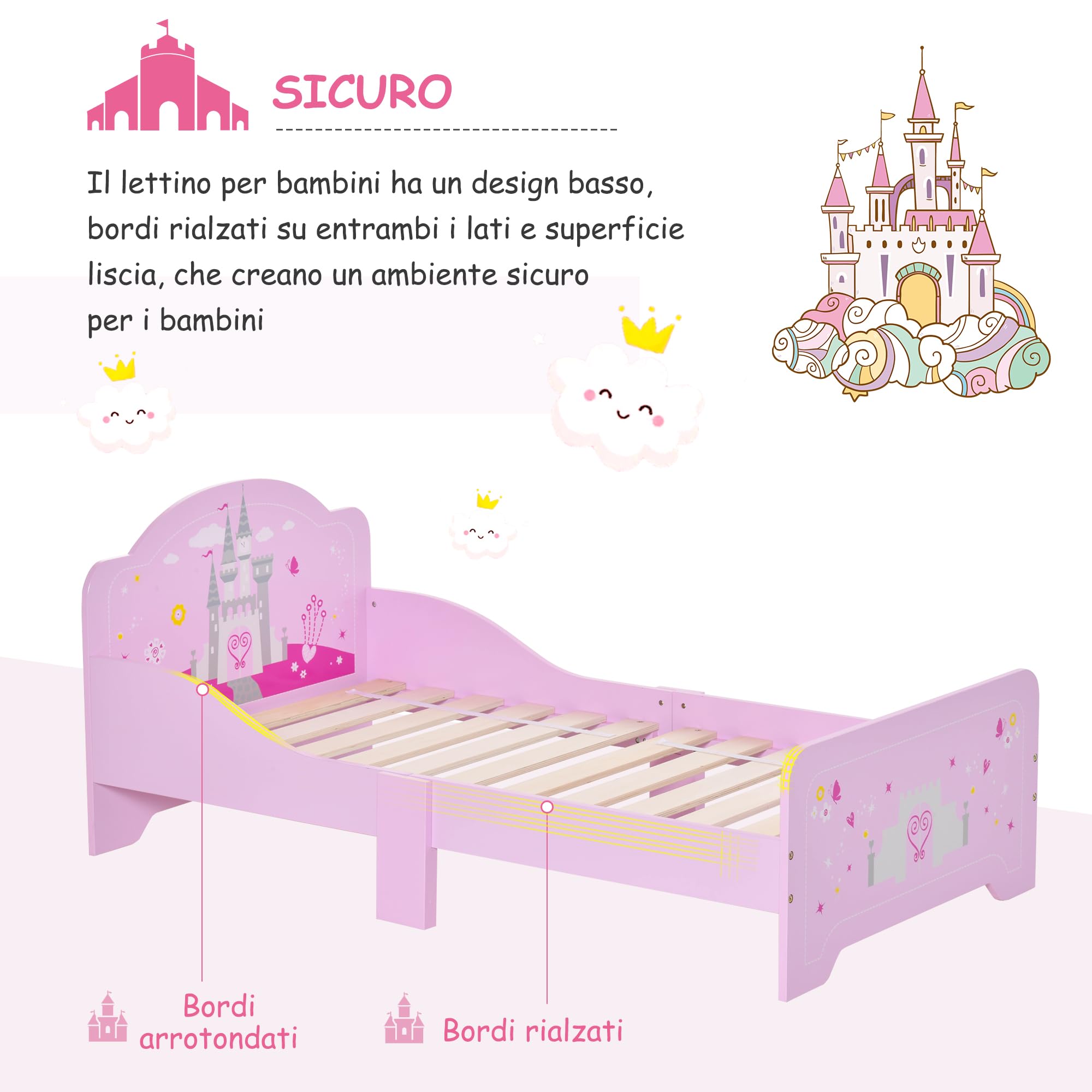 HOMCOM Set Mobili Cameretta con Letto per Bambini 3 in 1 in Legno Rosa