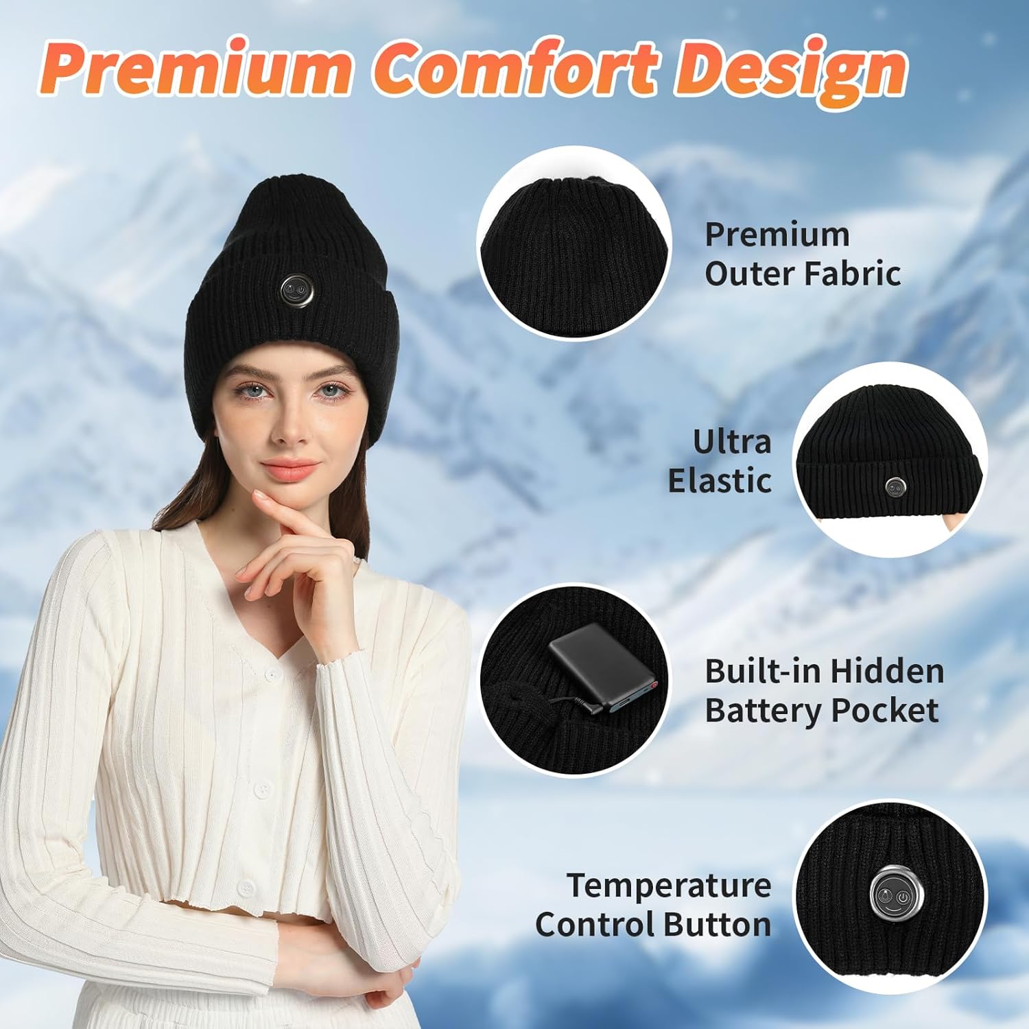 Heated Hat, Electric Rechargeable Battery Heated Hat for Women, Rechargeable Warm Winter Cap for Outdoor Sports (Black)