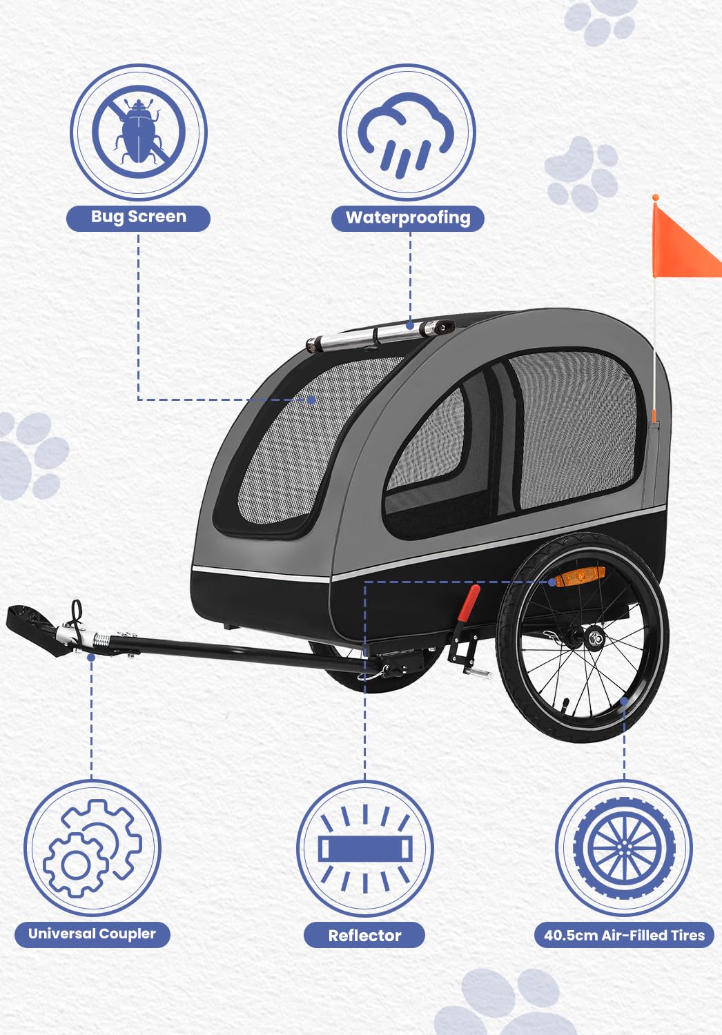 Sepnine Pets L Hundeanhänger für Fahrrad,Fahrradanhänger Hunde,Mit Reflektor und Bremse,600D Oxford Canvas Geschützt vor Regen,Maximale Belastung 40kg