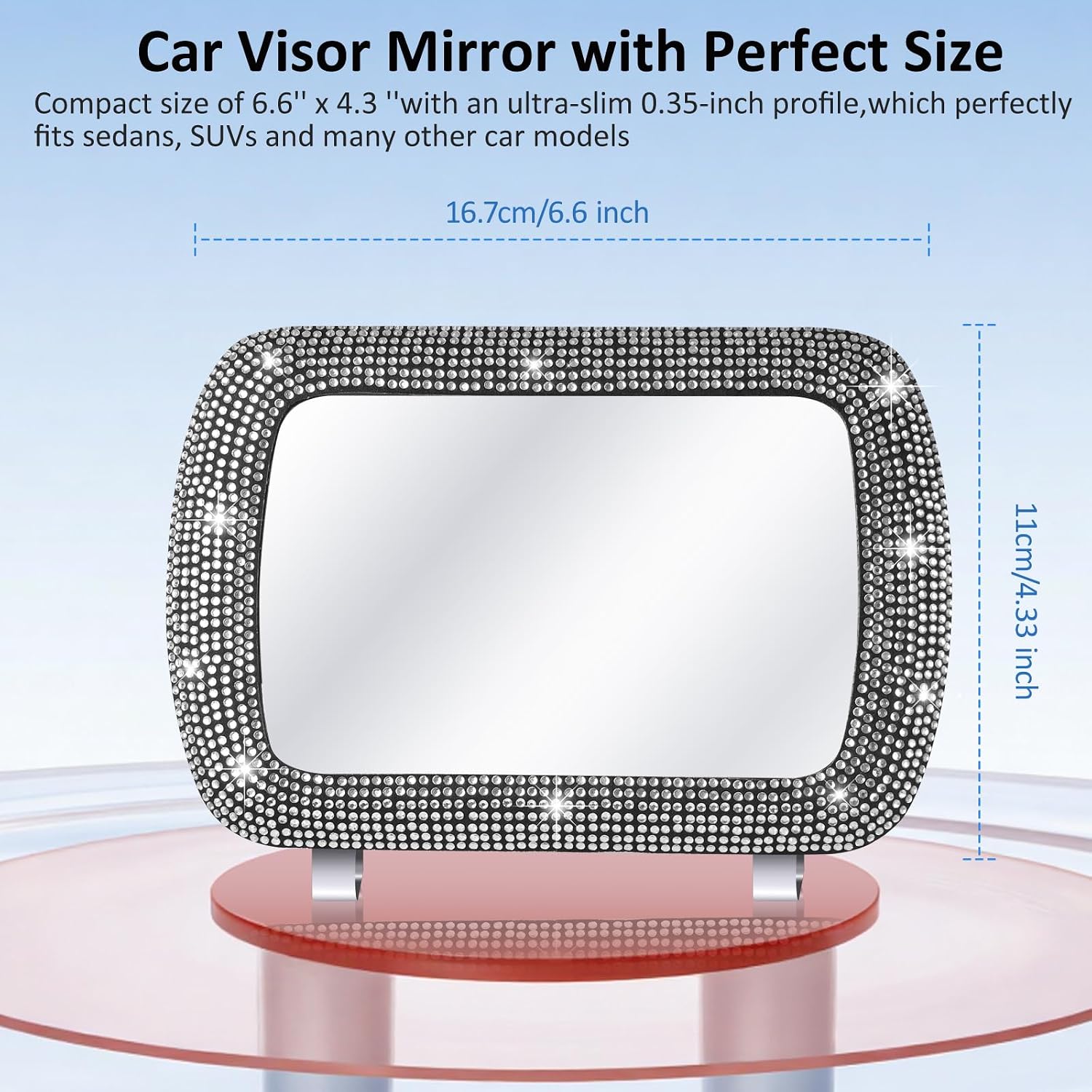 Car Visor Mirror,Universal Clip-On Vanity Car Mirror with Bling Rhinestones image 2