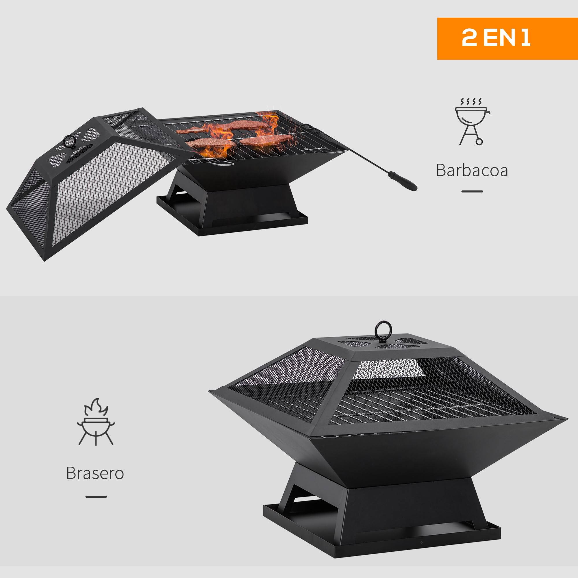 Outsunny Brasero Exterior de Acero Pozo de Fuego para Jardín Multifuncional con Protector de Chispas y Atizador para Barbacoa Hogueras en Terraza Camping 45x45x34 cm Negro