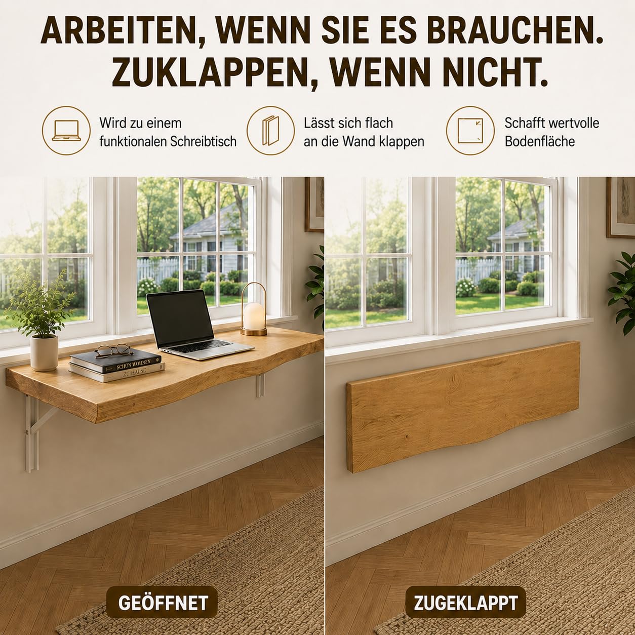 Wandklapptisch Massivholz für Küche und Homeoffice Platzsparend