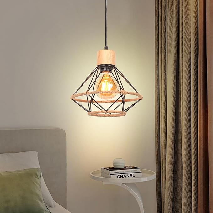 TOKIUS Industriële hanglamp vintage hanglamp E27 lamp van hout ijzer retro kooi lampenkap met henneptouw 22 cm zwart hanglamp voor eettafel keuken slaapkamer photo 3