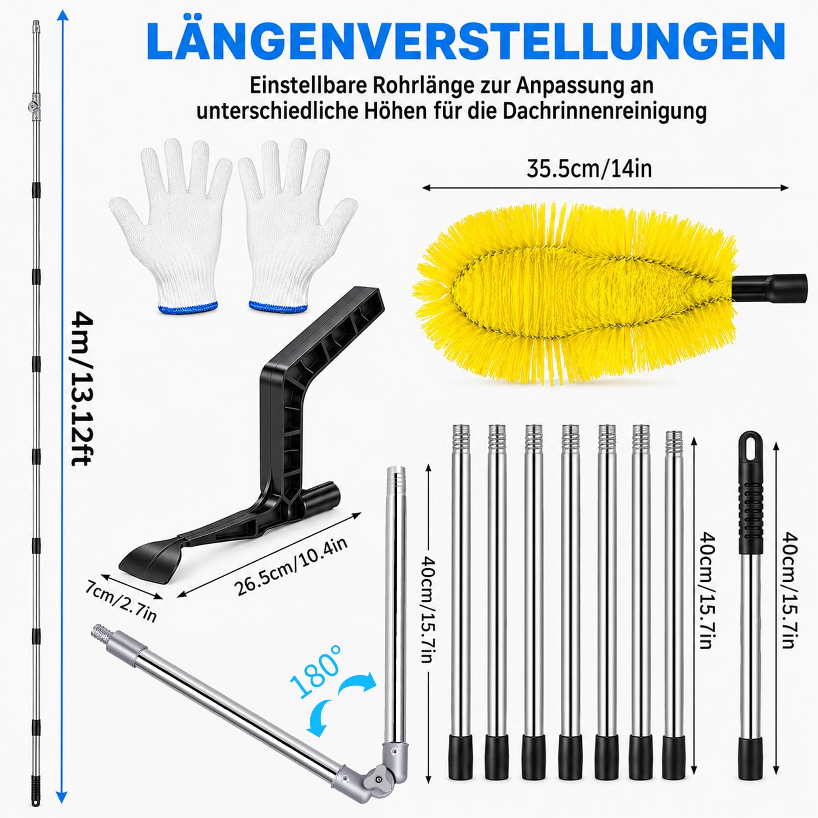 4M Dachrinnenreiniger - Teleskop Dachrinnenreiniger | Con cabezal giratorio de 180° y cepillo intercambiable, limpiador de canalones para limpiar canalones, jardines