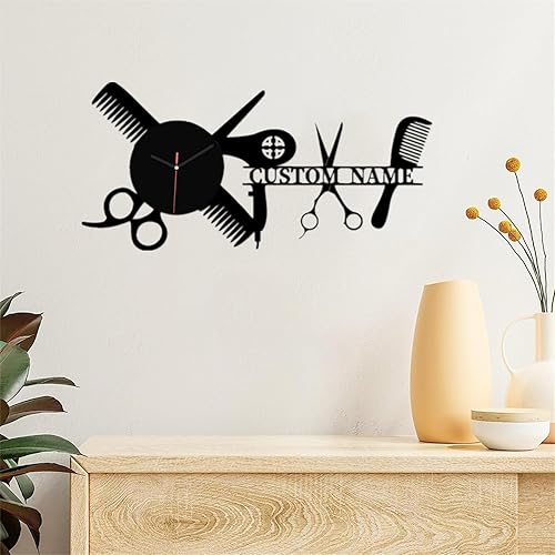 Reloj de pared de peluquero personalizado para dormitorio, sala de estar, nombre personalizado, diseño moderno, peluquería, reloj de madera, reloj