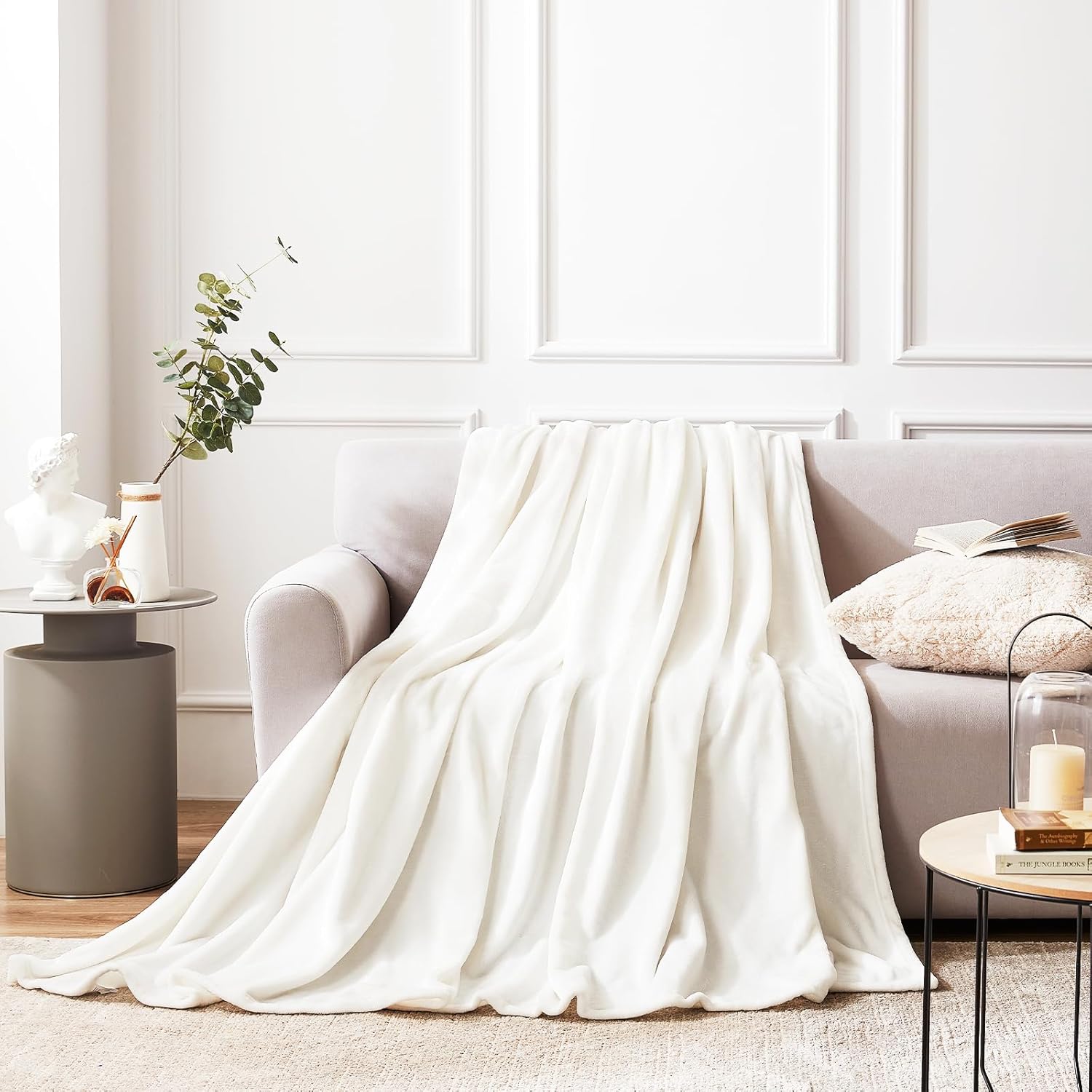 Hansleep Flannel Fleece Throw Blanket Twin Size, Super Soft Fluffy Bed Plush Blanket Throw, Luxury Fuzzy Cozy Couch Blanket for All Seasons, White, Twin 60x80 - Image 2