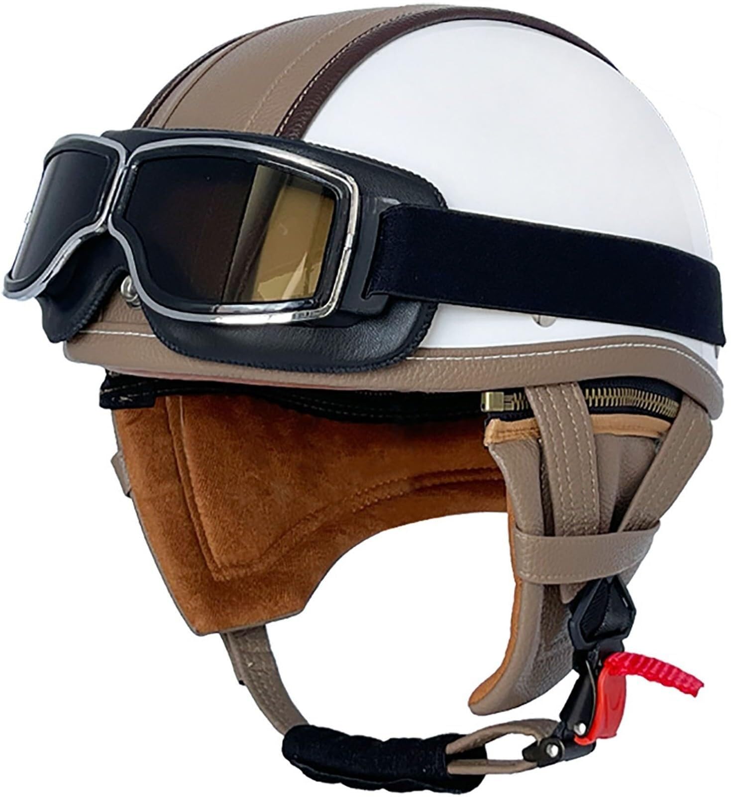 Halbschalenhelm ECE Zertifiziert Motorradhelm Halbhelme Leder Jethelm Retro, Vintage Motorrad Helm mit Schutzbrille, Scooter-Helm, Offenem Helm, Halbhelm für Männer Frauen(1,M(57~58CM))