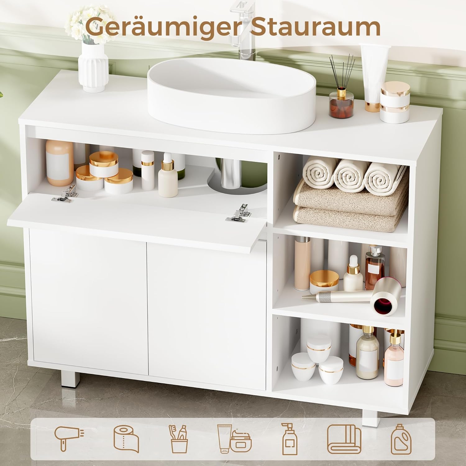 ANWBROAD Waschbeckenunterschrank, Badezimmerschrank mit 2 Schranktüren 3 Verstellbare Offene Regalböden,1 Verdecktes Staufach, Unterschrank Waschbecken mit Füßen,30 x 90 x 64,5 cm Weiß SSC001W