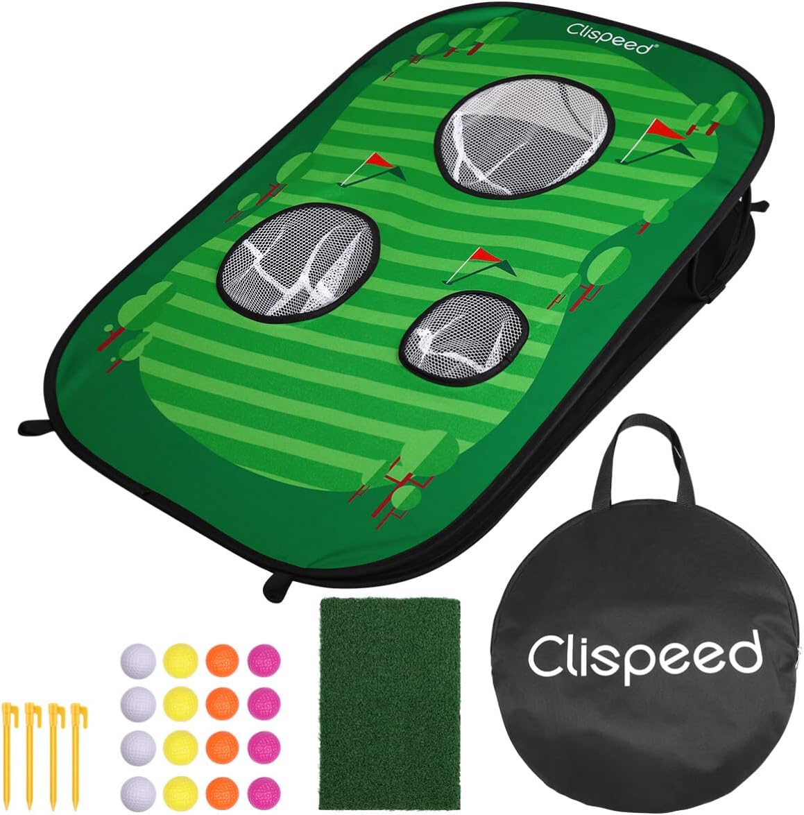 Clispeed Backyard Golf Cornhole Game – Foldable Golf Chipping Game for Backyard Office Indoor Outdoor, Includes Target, Chipping Mat, Foam Balls, Stakes and Carry Case