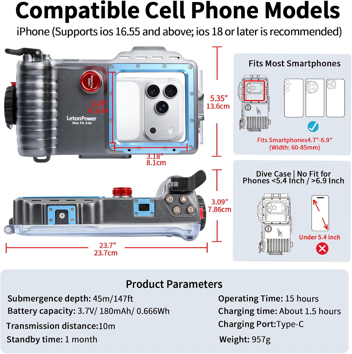 X45 Bluetooth Waterproof Phone case, Waterproof to a Depth of 45 meters/147 feet, Suitable for Underwater Photography and Video Recording