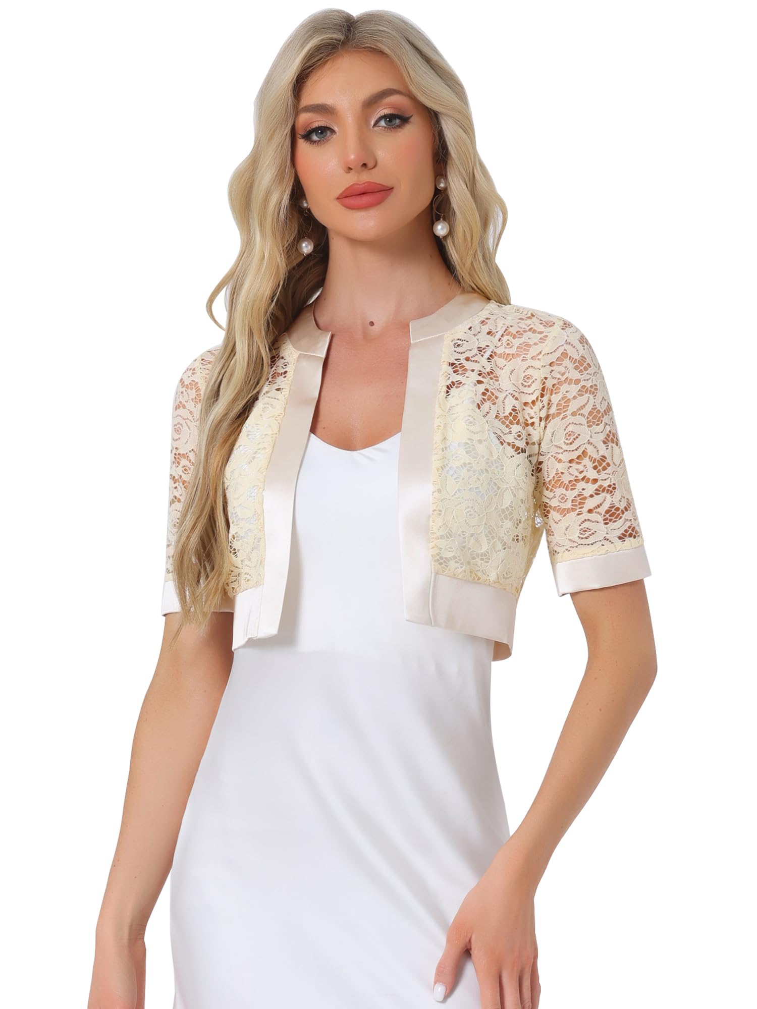 Photo 1 of Allegra K Lace Shrug for Women's Cropped Sheer Floral Lace Shrug for Evening Dresses Medium Beige