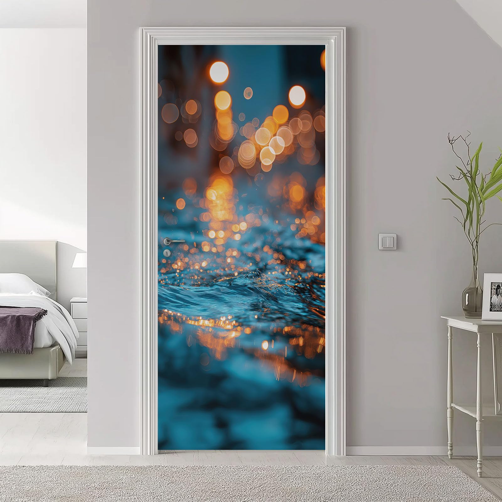Papel pintado autoadhesivo para puerta, minimalista, superficie de agua, póster para puerta, adhesivo para puerta, textura ondulada resistente al agua, lámina de vinilo para puerta, azul extraíble