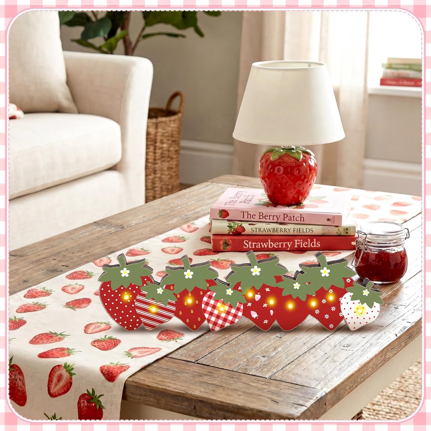 Yousoontic Strawberry Decorations for Table Centerpieces Berry Wooden Sign with LED Lights 3D Block Pink Red Strawberry Decor for Summer Home Mantel Desk Berry Sweet Baby Shower Party Decorations