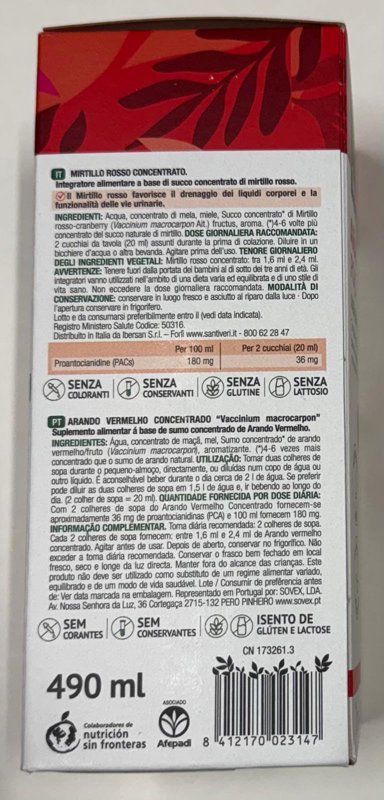 Mirtillo rosso concentrato Santiveri, 490 ml