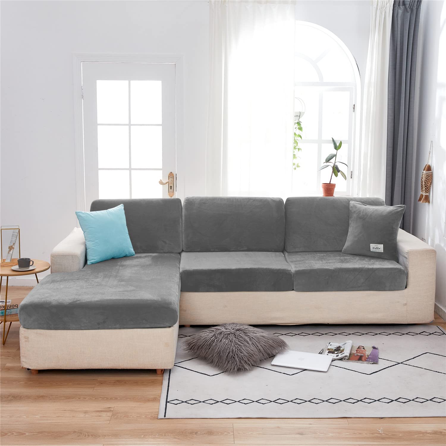 KYJSW Sofa Slipcovers Sofa Cover Polyester Velvet Fabric Stretch Non-slip Washable Seat Covers Independent Replacement Sofa Cushion Covers (Grey,Large 3-seater)