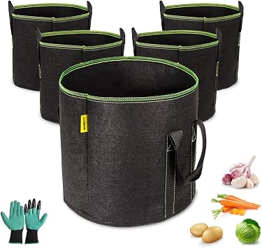 Grow Bags for Plants, Thickened Breathable Nonwoven Fabric Pots with Handles, 5-Pack 5 Gallon, Tomato Strawberry Vegetable Fruit Flowers, Black