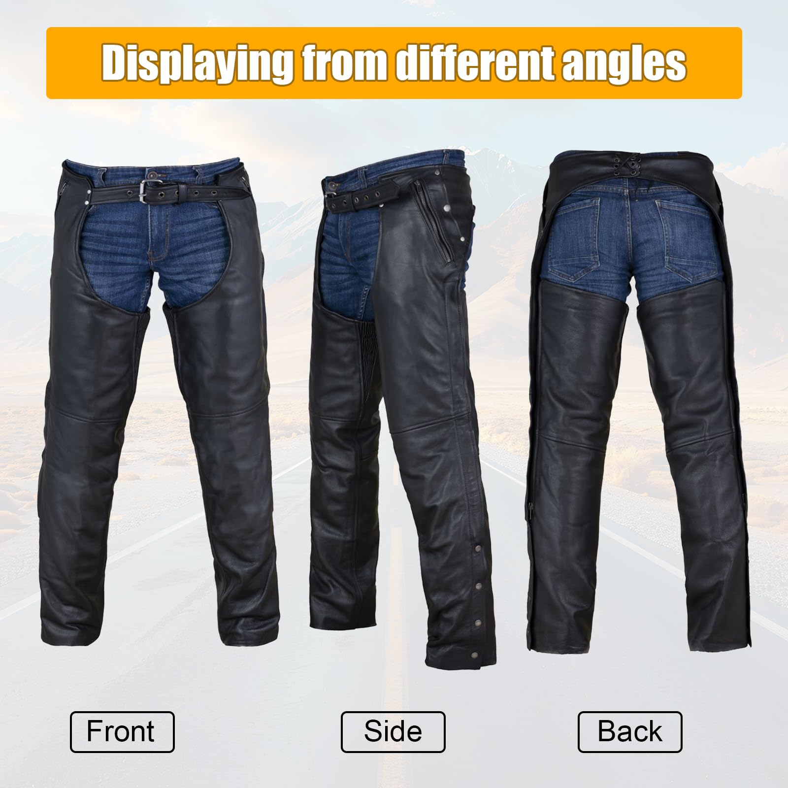 Motorrad-Leder-Chaps für Herren, Biker-Reiten, Cowboy-Chaps, schwarze Multi-Pocket-Split-Soft-Lederhose mit Reißverschluss-Futter