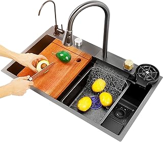Kitchen Sink, Single Bowl Kitchen Sink Undermount Stainless Steel,Kitchen Sink Accessories,Kitchen Sink Workstation,Flying Waterfall Sink with Pull-Out Faucet, Pressurized Cup Washer