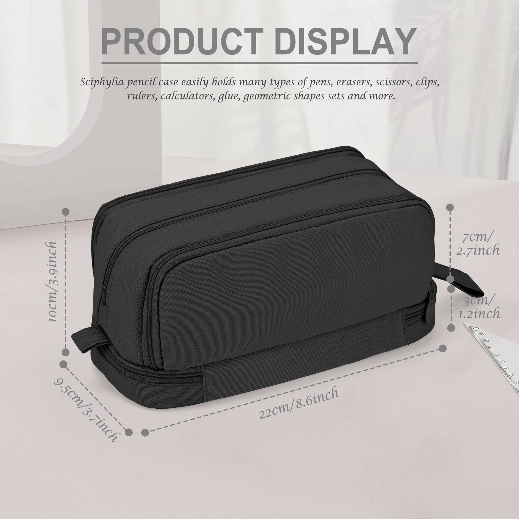 Sciphylia Astuccio Astuccio Grande Capacità Astucci Bambini Ragazzo con 4 Scomparti Astuccio Materiale Scolastico Stazionario Ufficio Trucco Borsa Astucci per Università Studente Donna Uomo, Nero