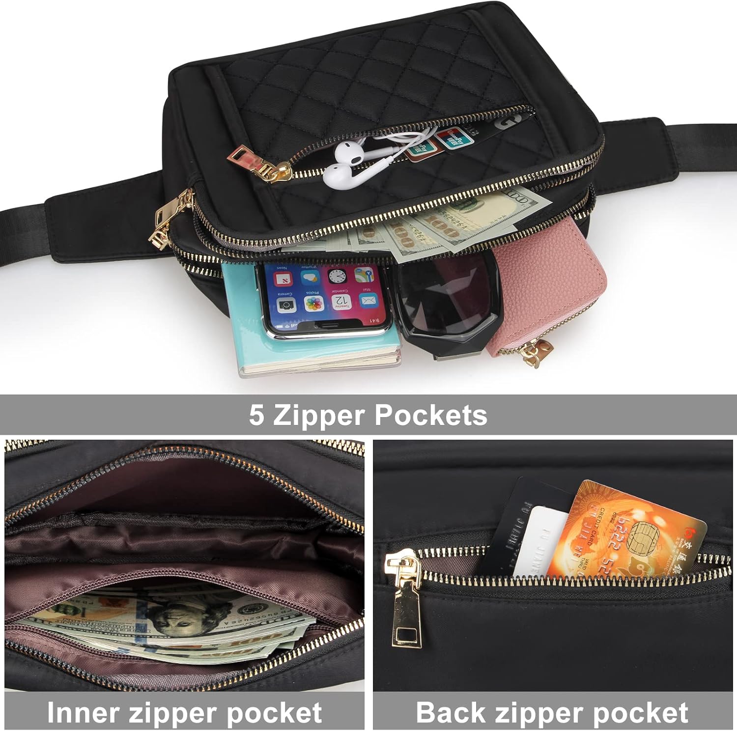 Cute Large Black Fanny Packs for Women Cross Body Waist Bag Nylon Fashionable Fanny Pack Designer Workout Hiking Waist Pack Running Travel Gym Pretty Zipper Fashion Quilted Womens Fanny Pack - Image 4