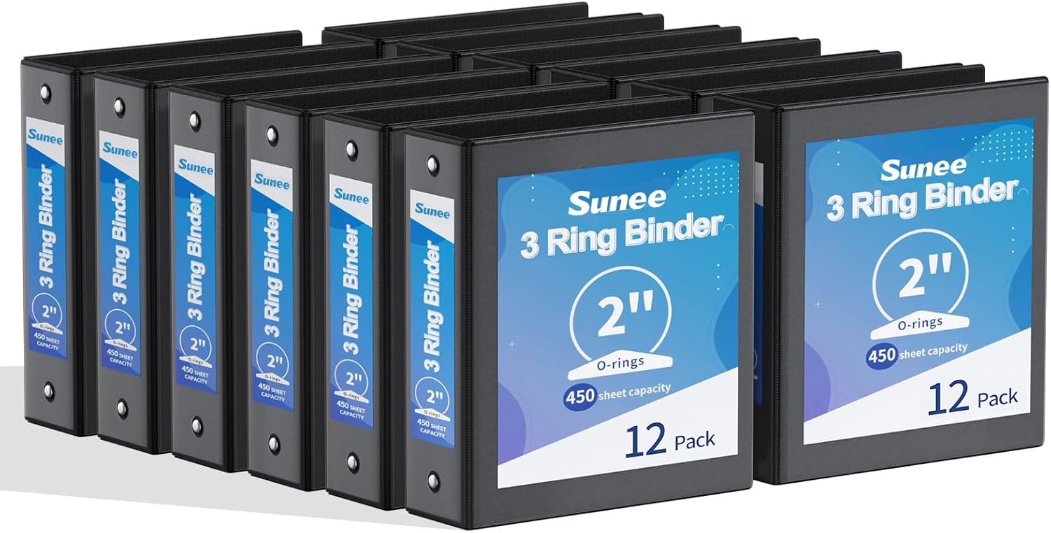 SUNEE 2 Inch Binders 3 Ring 12 Pack Bulk, PVC-Free Clear View 2" Binders (Fits 8.5x11 Inches) for School, Office & Home Use, Black