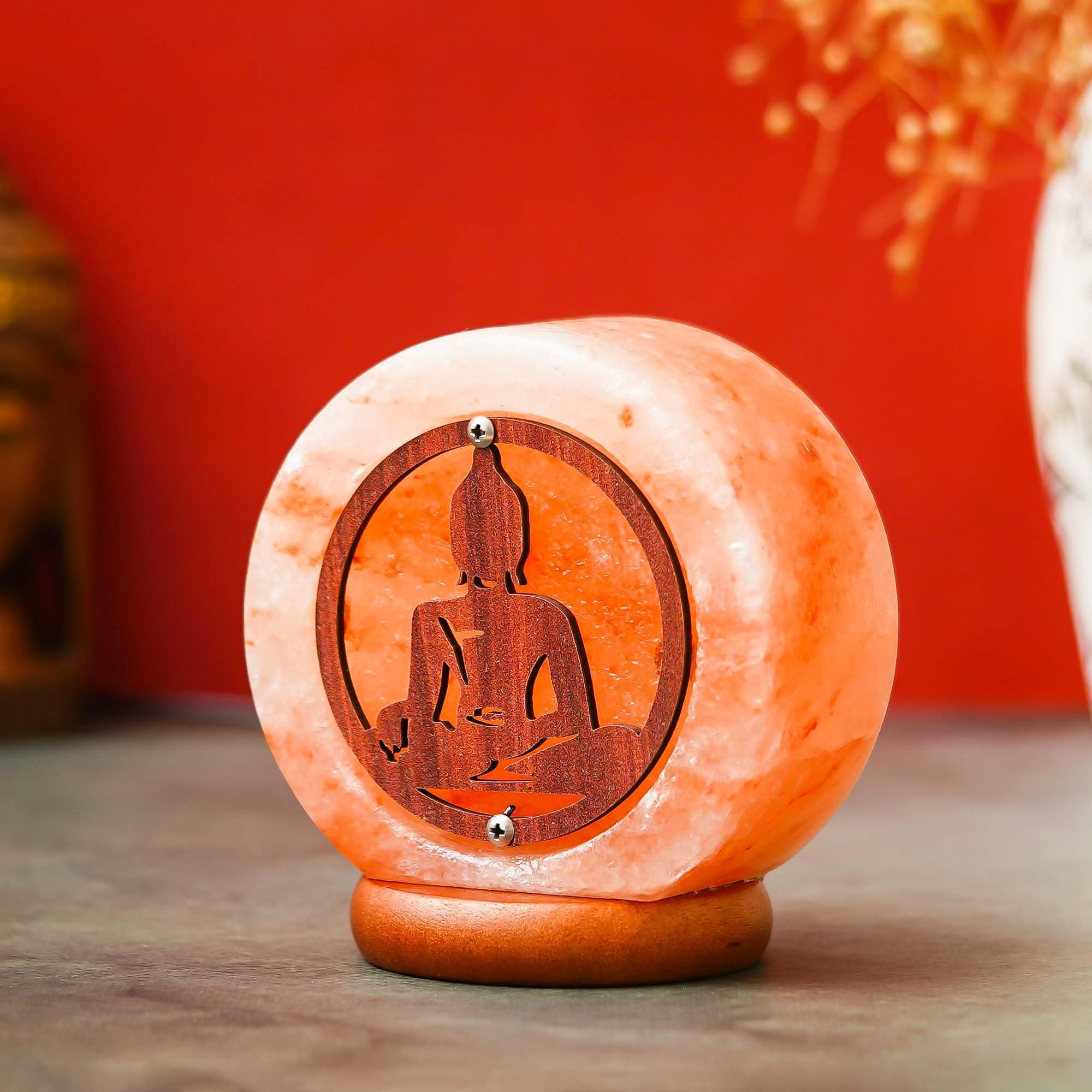 eCraftIndia Meditating Lord Buddha Decorative Himalayan Salt Lamp with Wooden Base - Lamp for Home Decoration - Gift for Diwali Buddha Purnima Christmas Birthday Housewarming New Year