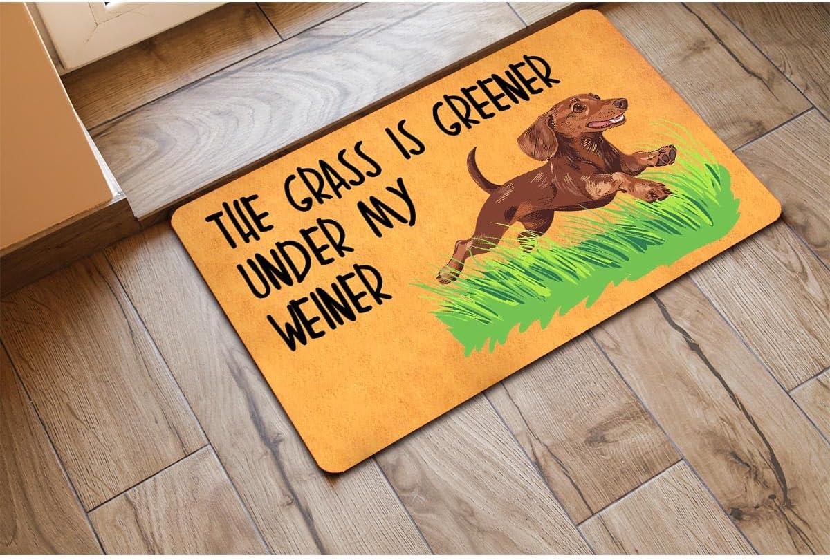 Funny Welcome Doormat（30x18） inch Front Door Porch Decor Entrance Way Indoor Mats Kitchen Rugs with Rubber Back (Grass is Greener Under My Weiner Daschund Dog Lover)