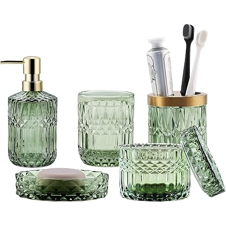 Amazon.com: LaMarriti 5Pcs Green Glass Bathroom Accessory Complete Set, Lotion Dispenser, Soap ...