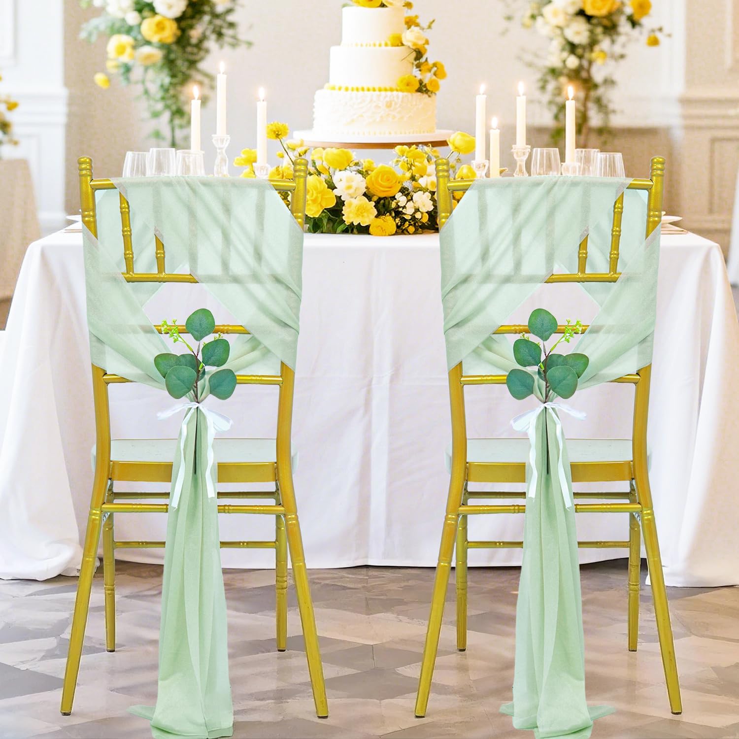 FANPROMS 16 Packs Sage Green Chair Sashes Chiffon Chair Bow Designed Decorative Wedding Aisle Sheer Chairs Sash Cover with Artificial Eucalyptus for Bridal Shower Reception Hotel Supplies