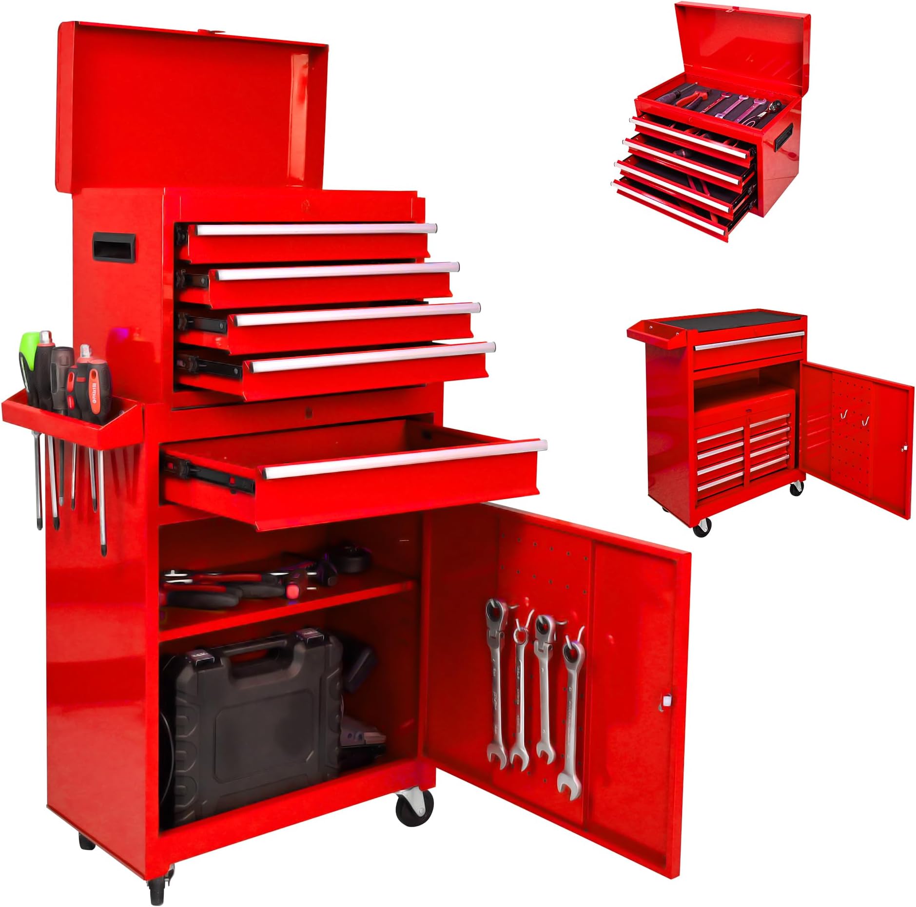 5-Drawer Tool Chest, Rolling Tool Box with Detachable Top Toolbox & Universal Wheels, Tool Cabinet with Lock Bar, Protective Liner & Tool Rack, Metal Storage Cart for Workshop,Garage (Red)