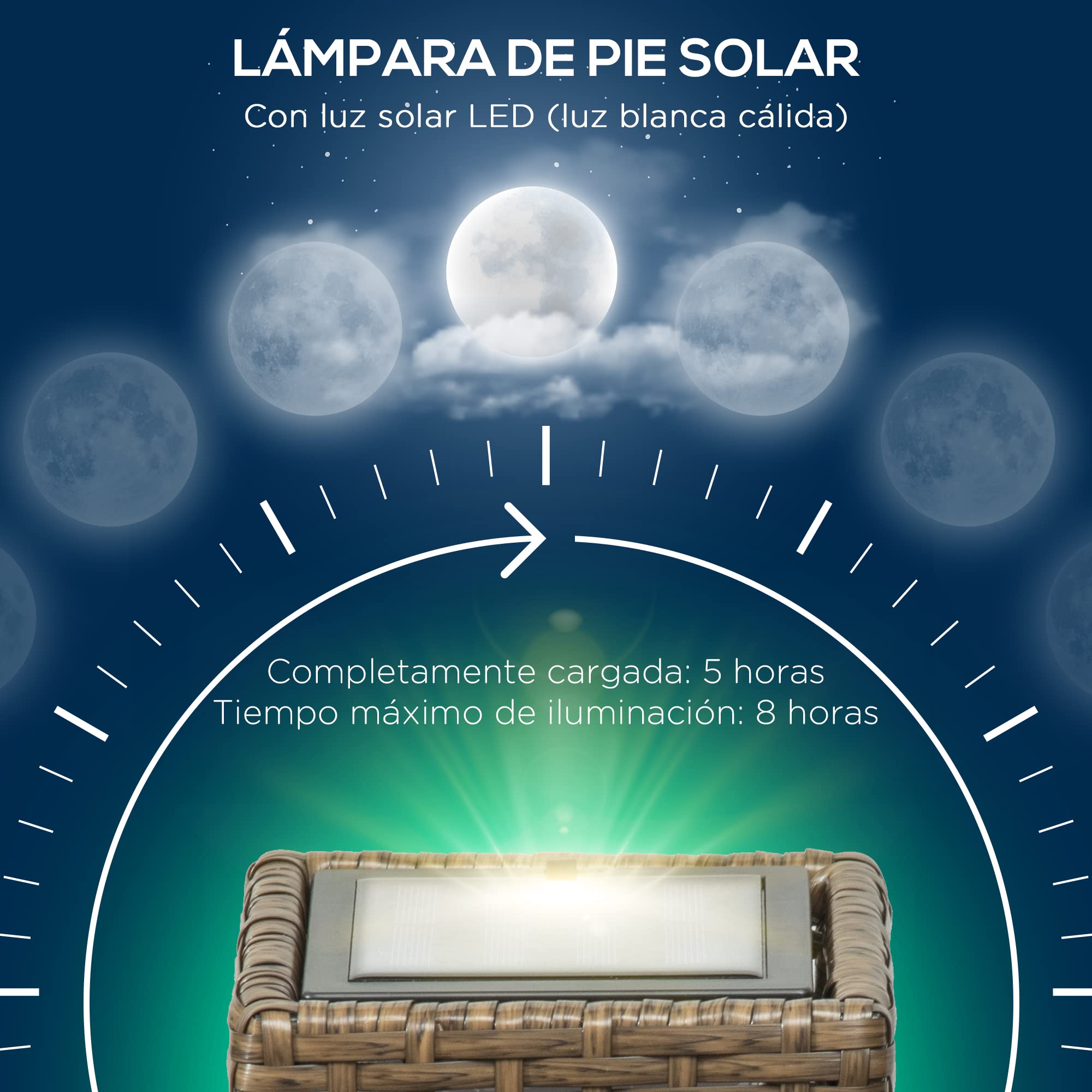Outsunny Linterna de Jardín de Ratán Sintético Farola Solar con Luces LED Encendido y Apagado Automático para Terraza Balcón Patio 15,5x15,5x69 cm Arena