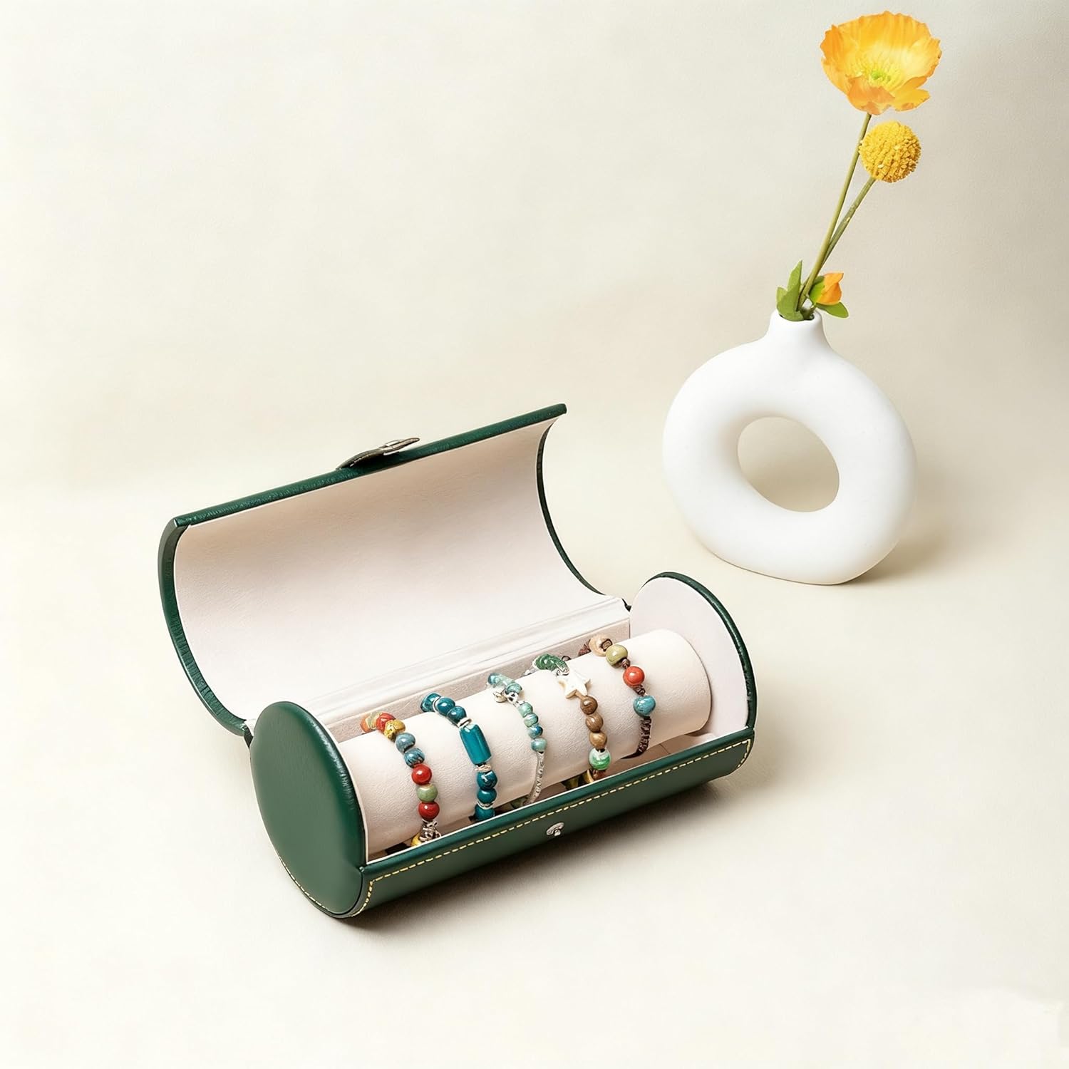 Jewelry Box for Bracelets – Vintage Leather Cylindrical Bangle Box Large Capacity Organizer for Cuffs, Bead Bangles, Travel Storage Case