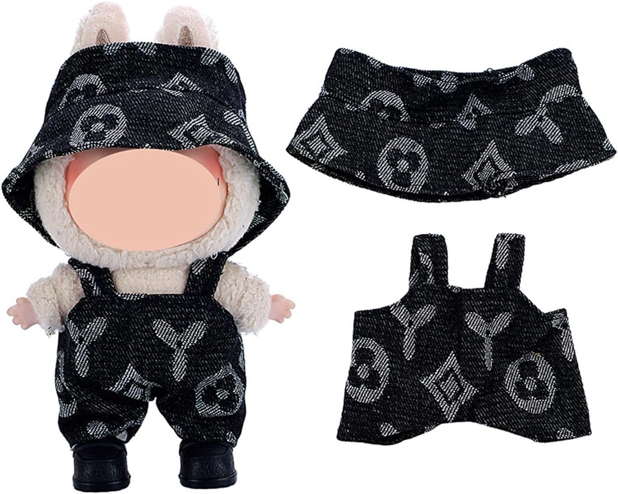 17cm Labubu Clothes Set (No Doll) - 4PCS Denim Overalls with Hat, Camera, Shoes - Complete Cute Fashion Outfits Doll Clothing Accessories for Labubu Doll Dress Up ( Black )