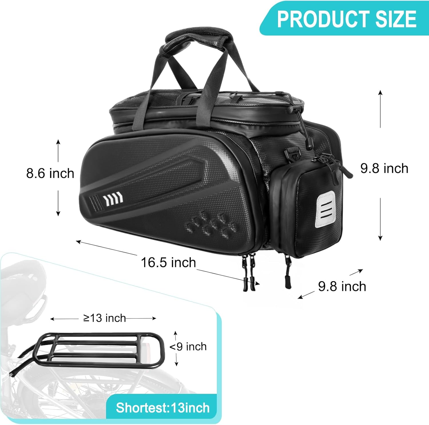 40L Capacity Rear Bike Rack Bag, Hard Shell Bike Rack Bag, Bikes Trunk Bags, Ebike Battery Bags, Multifunction Large Pannier for Bicycle, Bicycle Backpack for Ebike, Travel, Commuting,Black - Image 2