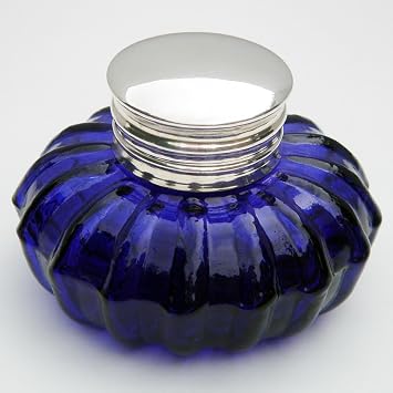 Antique Reproduction Glass Inkwell Cobalt Blue w/Silver Top Desk Ink Well