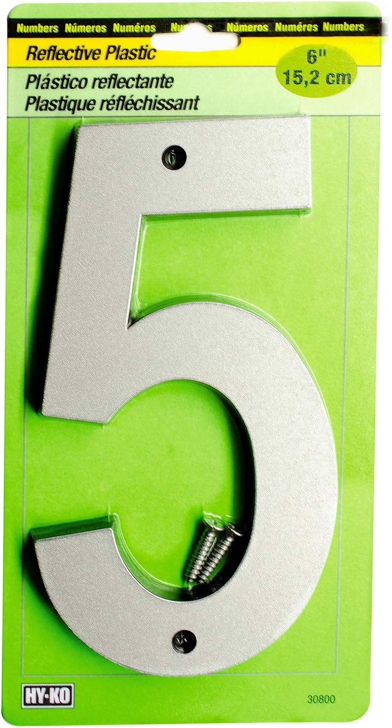 Hy-Ko 6” Classic Reflective Plastic House Number, Modern Raised Numbers for Exterior House, Durable Convenient Marking for Home Address with Included Mounting Hardware for Simple Installation