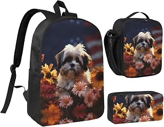 Shih Tzu dog and flowers Backpack Set 3 PCS - 17 Inch Laptop Backpack with Lunch Bag, Waterproof Daypack Insulated Lunch Box Large Capacity Coin Pouch Personalized Gift