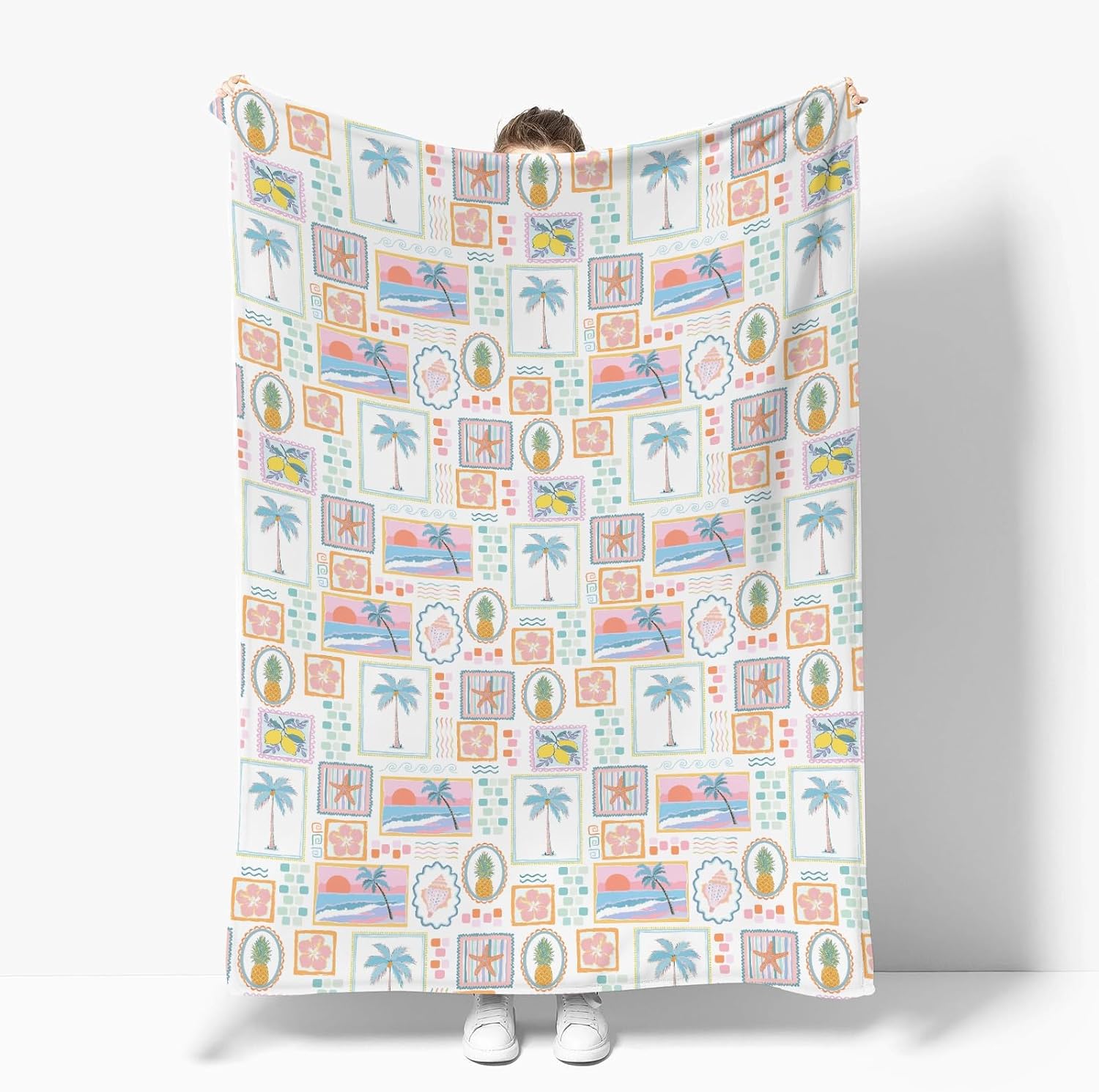 Colorful Beach Patchwork Baby Blankets for Girl Bright Summer Seashells Girly Soft Flannel Nursery Bed Blanket for Infant Toddler Crib Boho Pineapple Lemon Palm Tree Starfish Swaddle Blanket 50x60