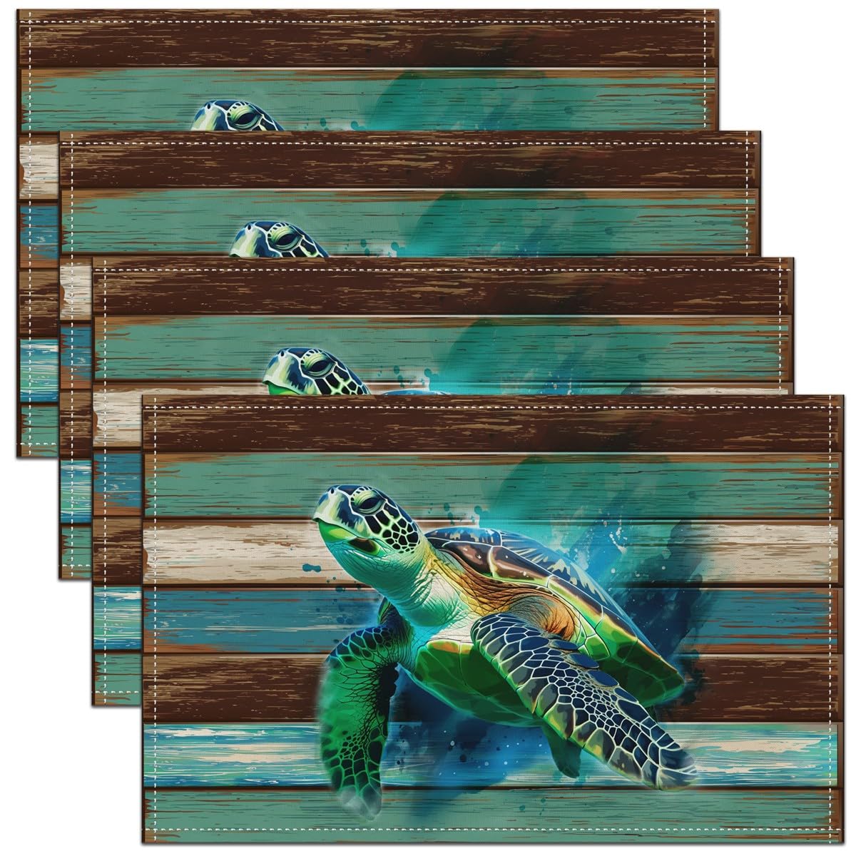 Richhome Green Brown Watercolor Sea Turtle Placemats Wooden Stripes Rustic Style Kitchen Mats For Kids Teens Adults Abstract Ocean Creature Ocean Theme Table Mats For Dining Table 12X18 Inch Set Of 4