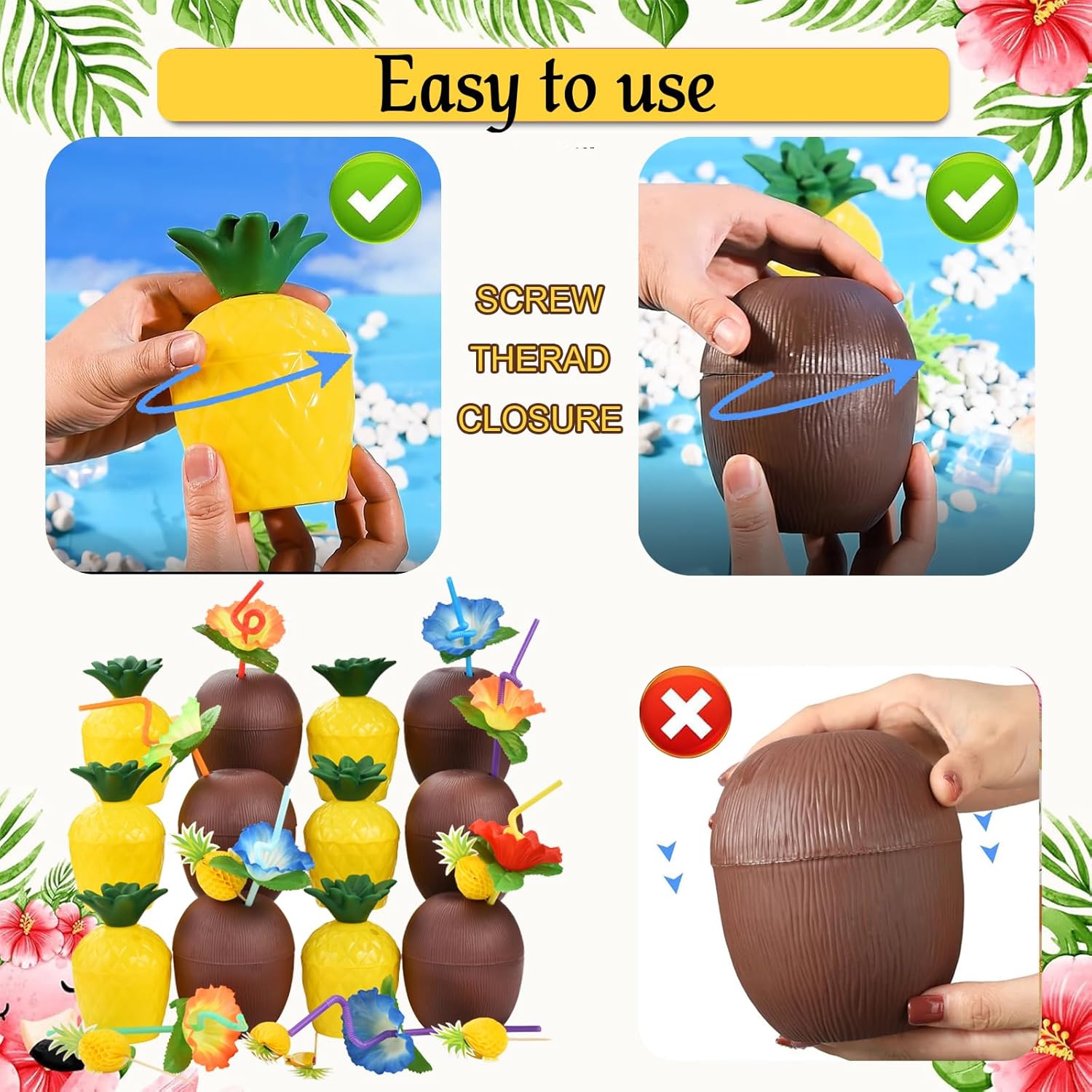 Haundry 18 Coconut Pineapple Cups with 18 Straws, 18 Cocktail Drink Picks, Hawaiian Luau Tiki and Beach Theme Party Decorations for Kids and Adults, Flower