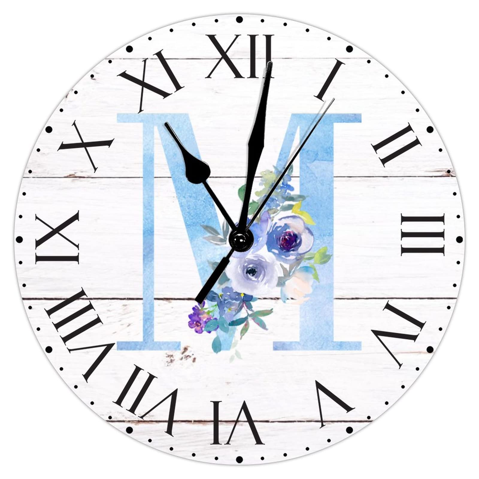 Horloge silencieuse sans tic-tac 30,5 cm en PVC avec initiale M florale et chiffres romains