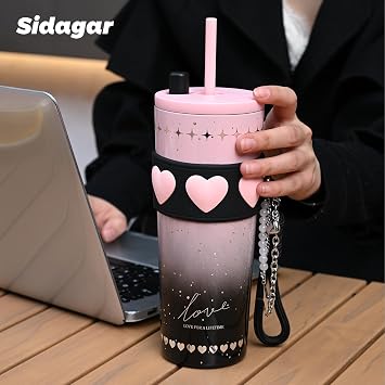 24 oz Ceramic Lined Insulated Stainless Steel Tumbler, Pink&Black